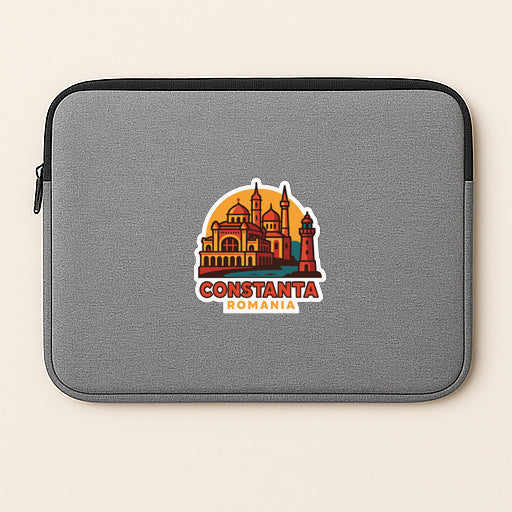 a gray laptop sleeve with a logo of the city of Constanta, Romania.