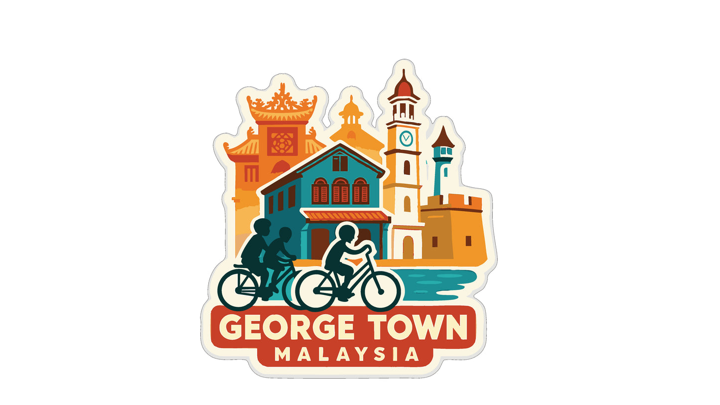 A sticker depicting a cityscape with a clock tower, buildings, and people riding bicycles, with the text "GEORGE TOWN MALAYSIA" prominently displayed.