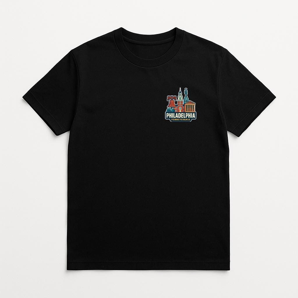 A black t-shirt with a graphic design on the front, depicting a city skyline with a building and the text "PHILADELPHIA" below it.