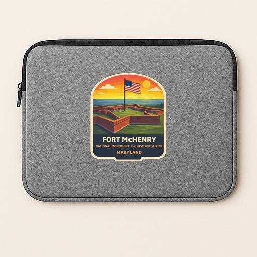 A gray laptop sleeve with a graphic design depicting Fort Mchenry, a National Monument and Historic Shrine located in Maryland.