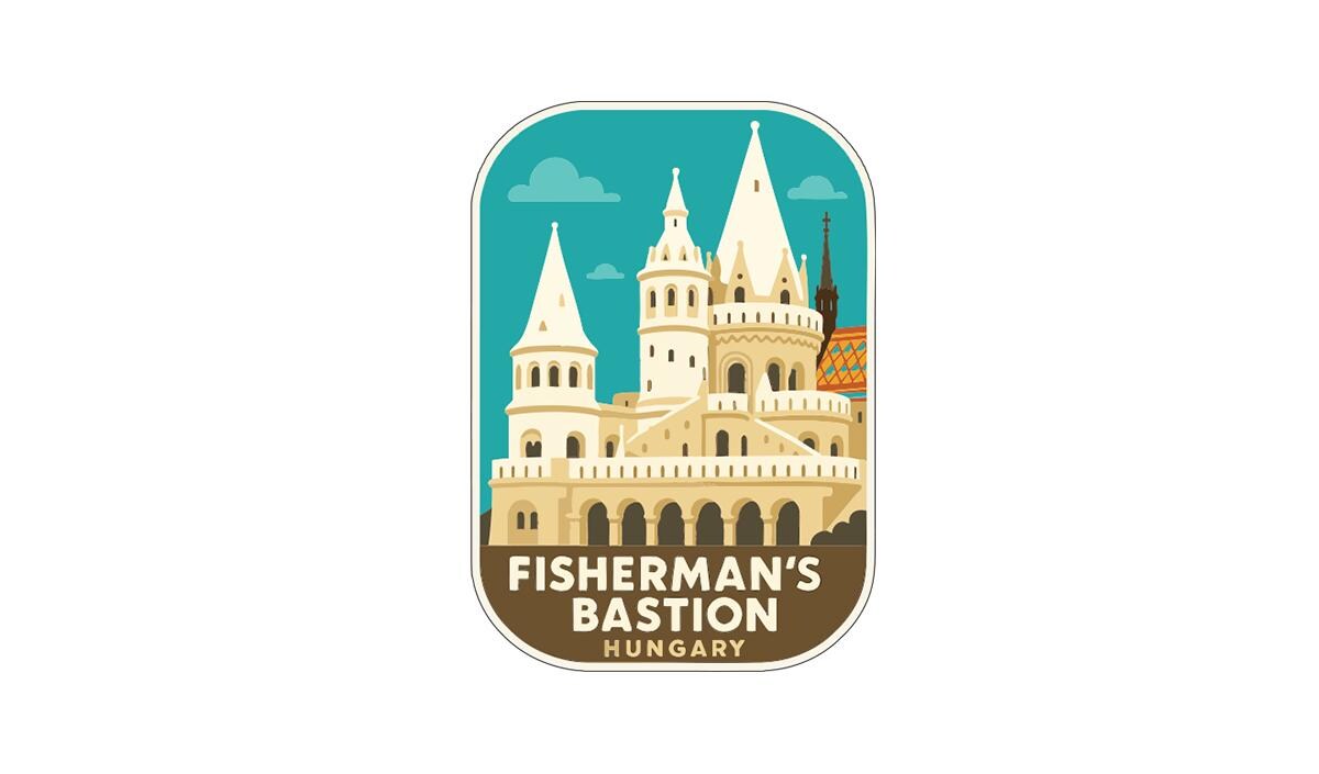 A sticker or label featuring the Fisherman's Bastion, a historic castle located in Hungary.