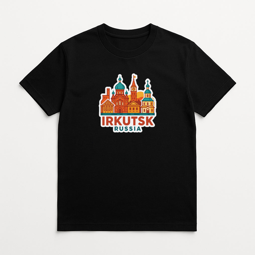 A black t-shirt with a graphic design depicting the skyline of Irkutsk, Russia.