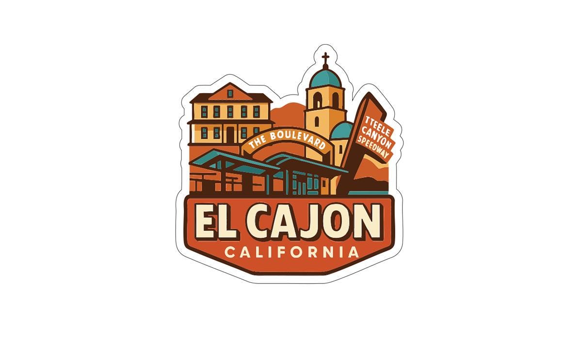 a sticker or emblem with a stylized illustration of a cityscape, including buildings, a church, and a bridge. The text "EL CAJON, CALIFORNIA" is prominently displayed in the center of the image.