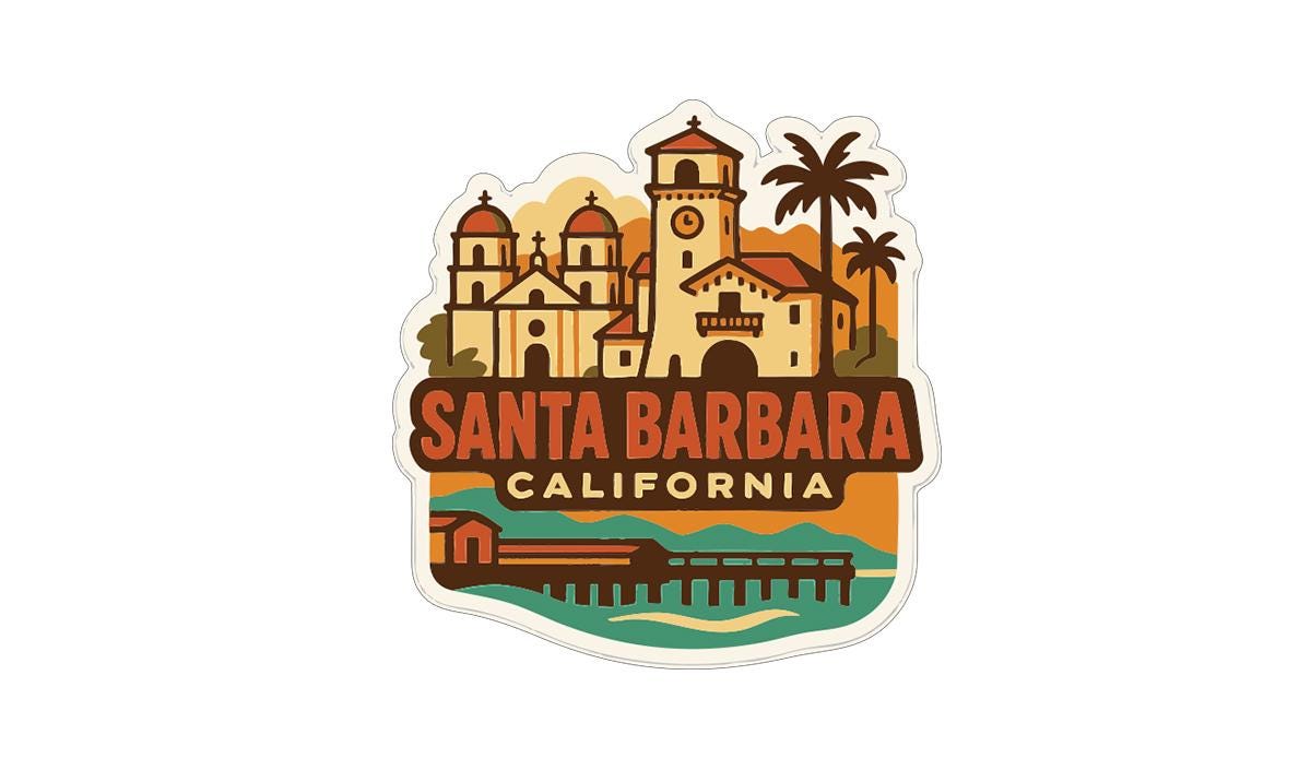 A stylized logo for Santa Barbara, California, featuring a cityscape with buildings, palm trees, and a pier.