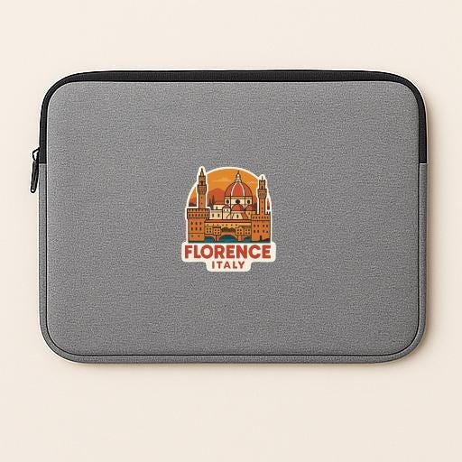 a gray laptop sleeve with a sticker of Florence, Italy, prominently displayed on the front.
