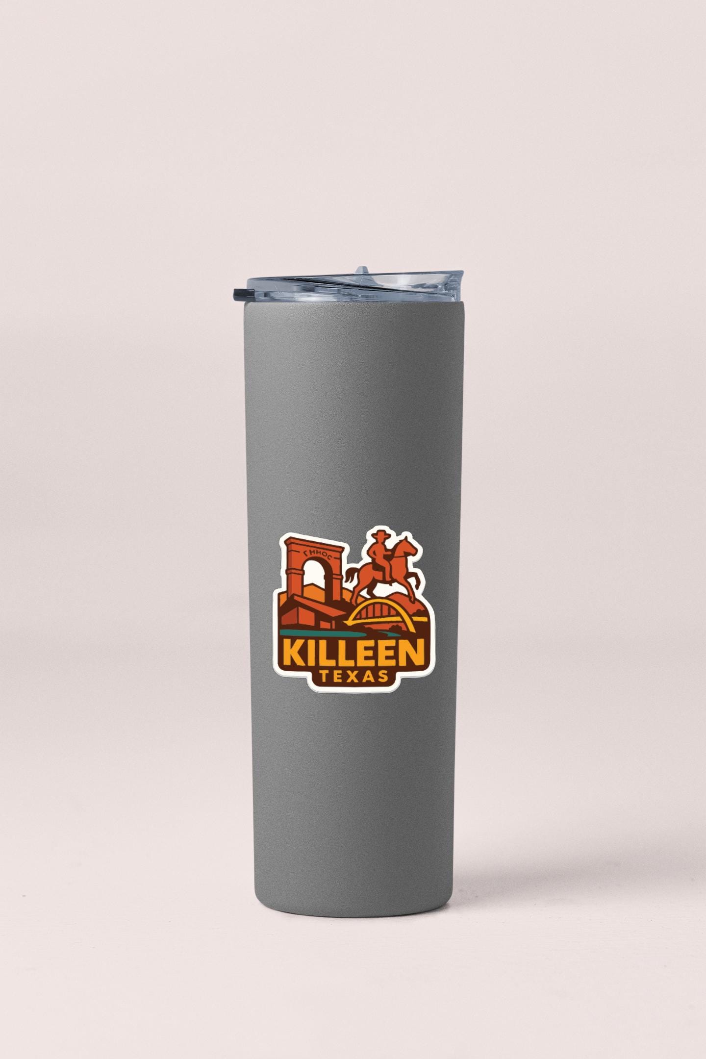 A gray insulated tumbler with a logo of Killeen, Texas, featuring a cowboy on a horse.