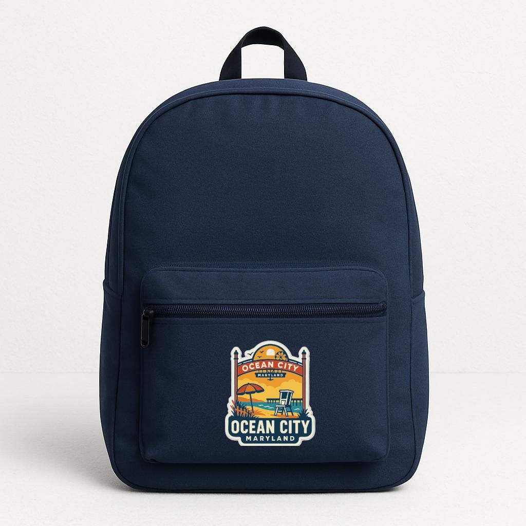 A navy blue backpack with a logo on the front pocket.