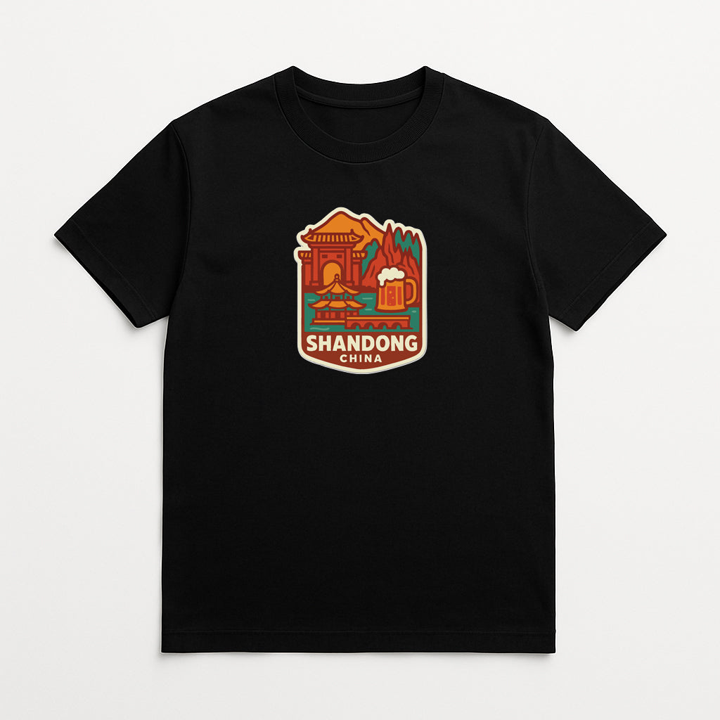 A black t-shirt with a graphic design depicting a temple, a beer mug, and a mountain, along with the text "SHANDONG CHINA".