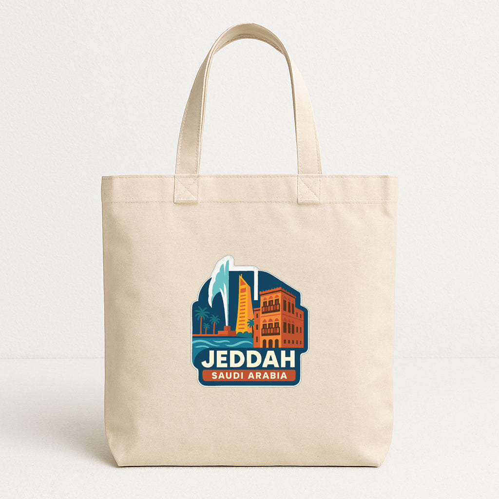 A beige tote bag with a graphic design featuring a cityscape and the text "JEDDAH SAUDI ARABIA".