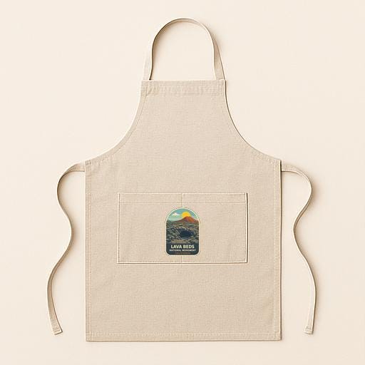 A beige apricot with a small pocket on the front, featuring a label with a mountain landscape and the text "Lava Beds" printed on it.
