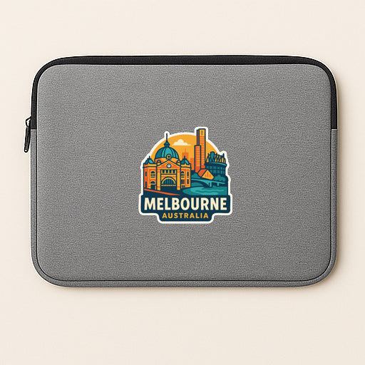 a gray laptop sleeve with a Melbourne Australia logo printed on it.
