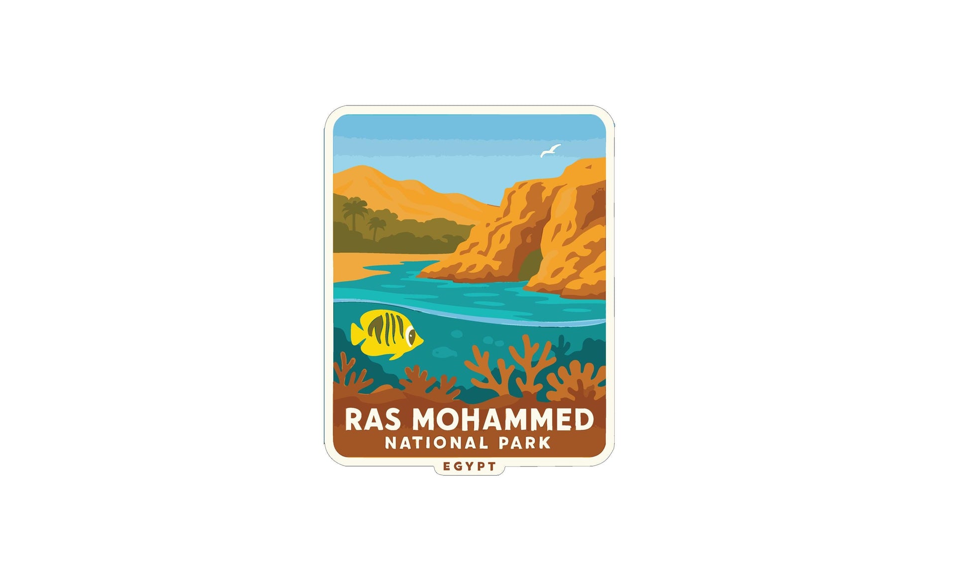 The image is a sticker or label for Ras Mohammed National Park in Egypt, featuring a scenic landscape with mountains, a river, and a yellow fish.