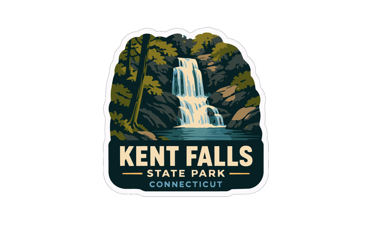 A sticker depicting a waterfall surrounded by trees and foliage, with the text "KENT FALLS STATE PARK CONNECTICUT" prominently displayed.