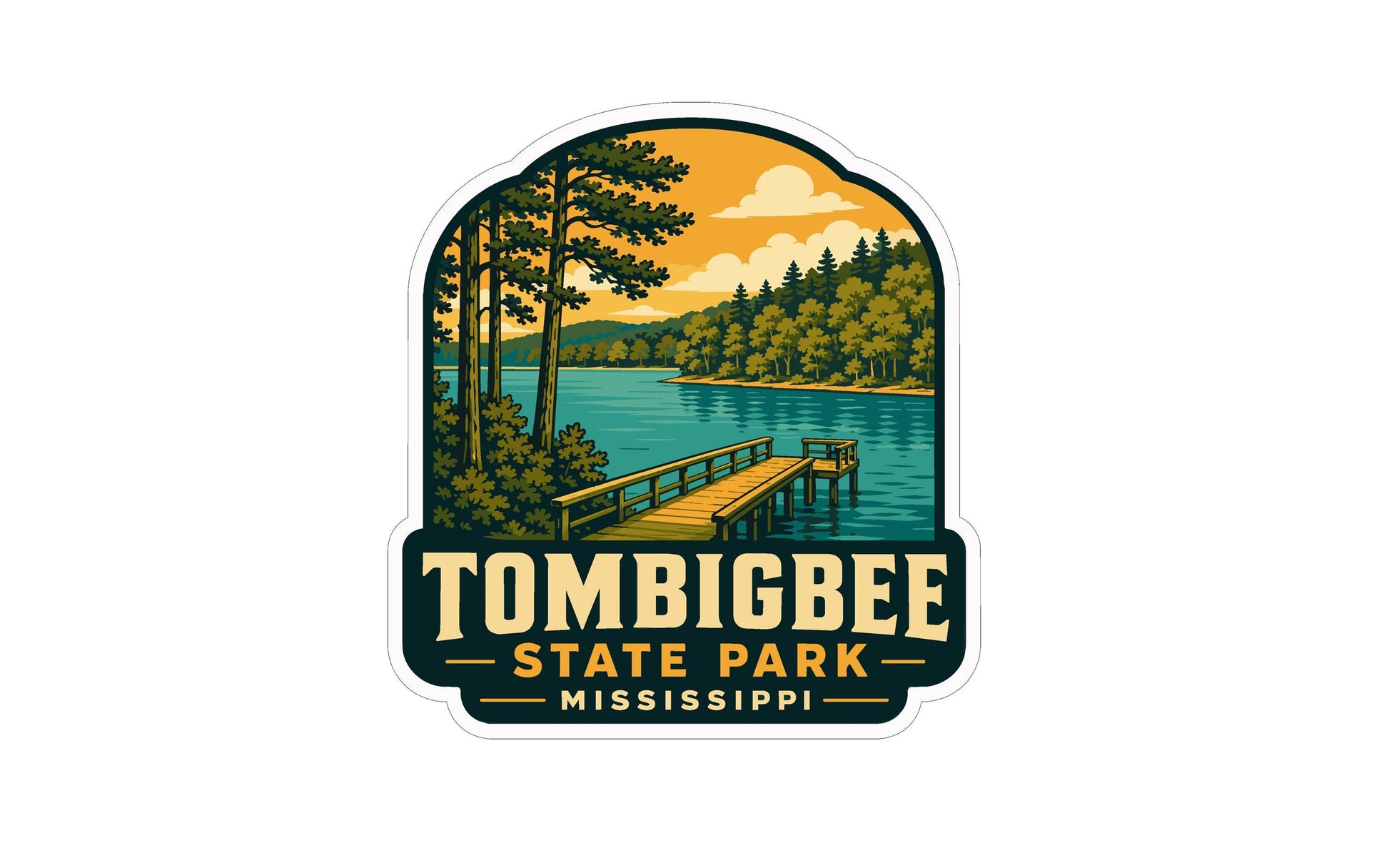 A sticker or logo depicting a scenic view of Tombigbee State Park in Mississippi, featuring a wooden dock, a lake, and a forested area.