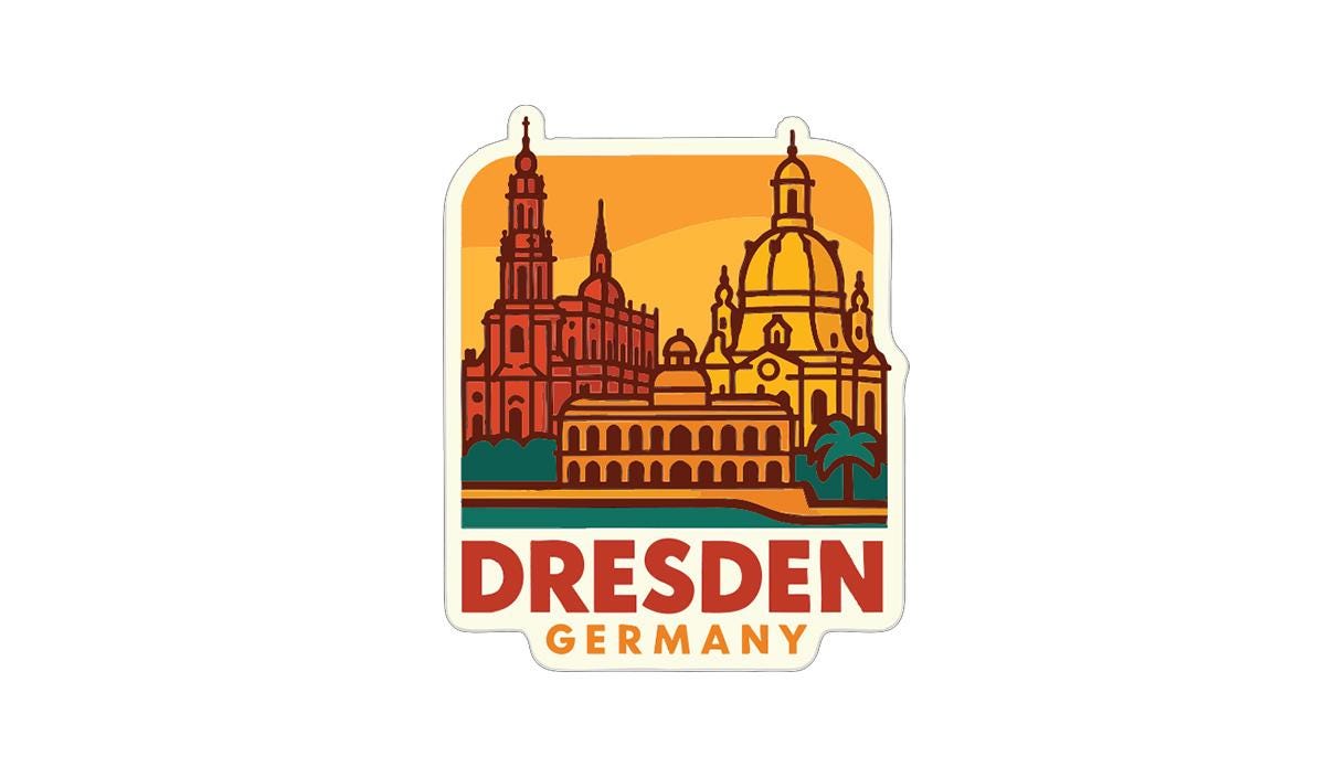 a sticker or emblem with a stylized illustration of the Dresden, Germany skyline, including various buildings and landmarks.