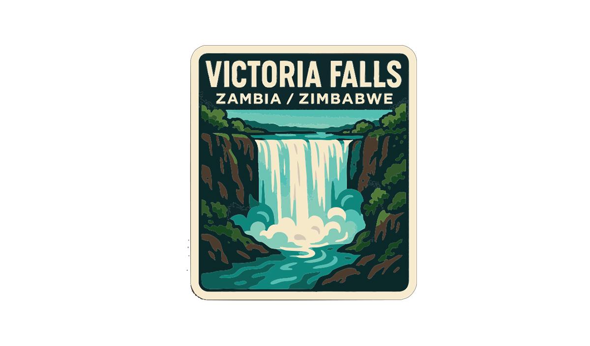 A vintage-style illustration of Victoria Falls, a famous waterfall located in Zambia.