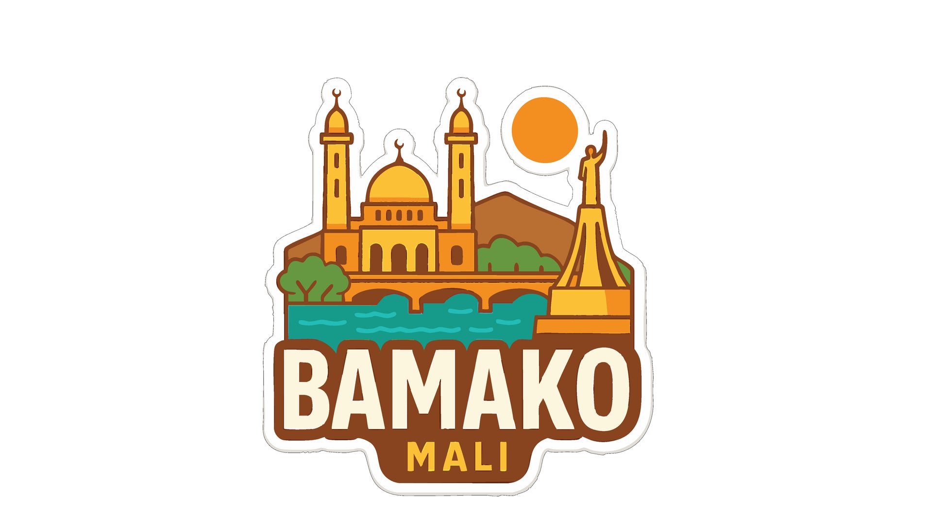 a sticker or logo with a stylized illustration of a city skyline, including a mosque, a statue, and a bridge. The text "BAMAKO MALI" is prominently displayed, indicating the location or name of the city.