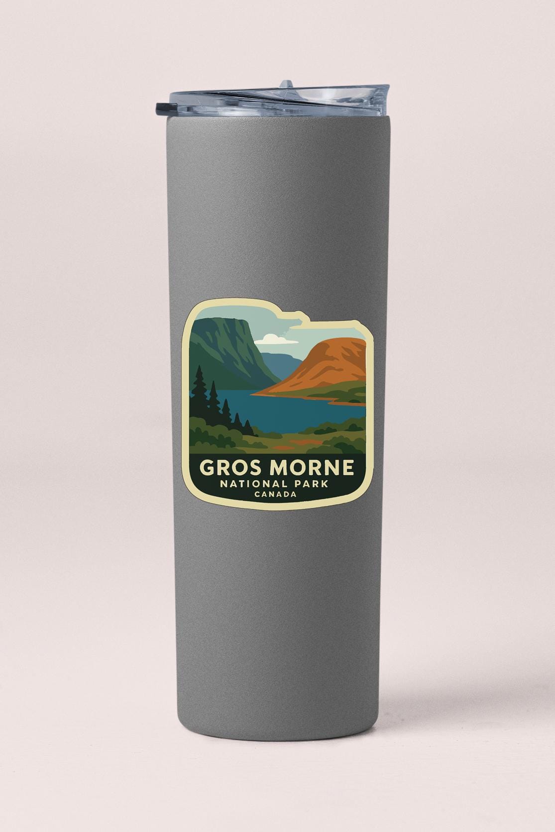A gray insulated tumbler with a label that says "Gros Morne National Park Canada".