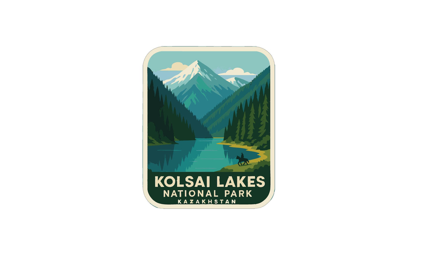 A sticker or logo depicting a scenic landscape with mountains, a lake, and a person riding a horse, with the text "Kolsai Lakes National Park Kazakhstan" below.