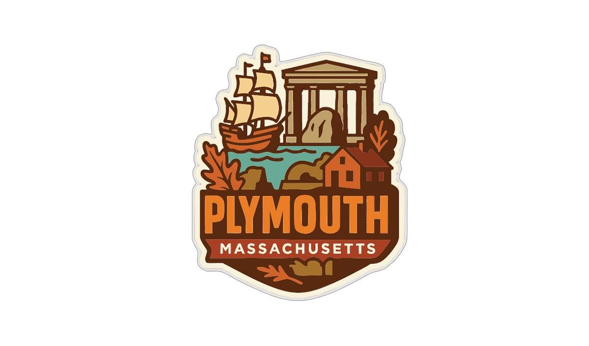 a shield-shaped logo with various elements representing Plymouth, Massachusetts.