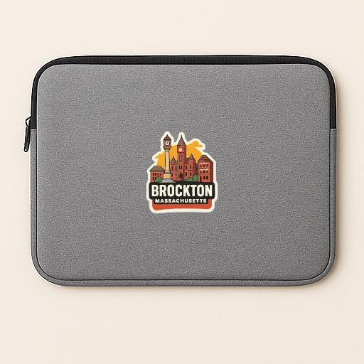 A gray laptop sleeve with a sticker of the Boston, Massachusetts skyline.
