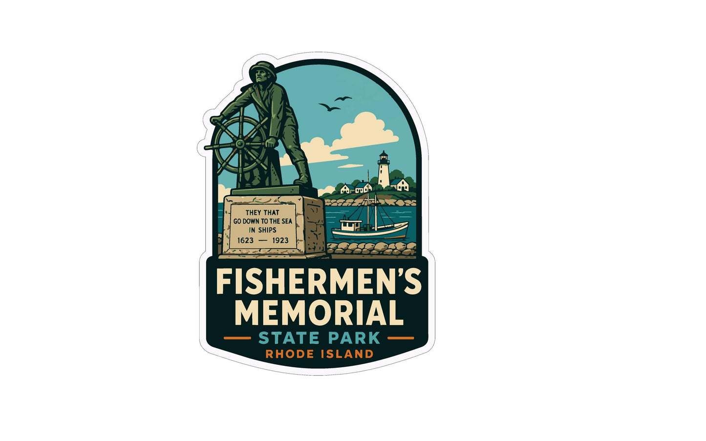 The image is a sticker or emblem featuring a statue of a man with a boat, surrounded by a coastal landscape with a lighthouse and a ship.