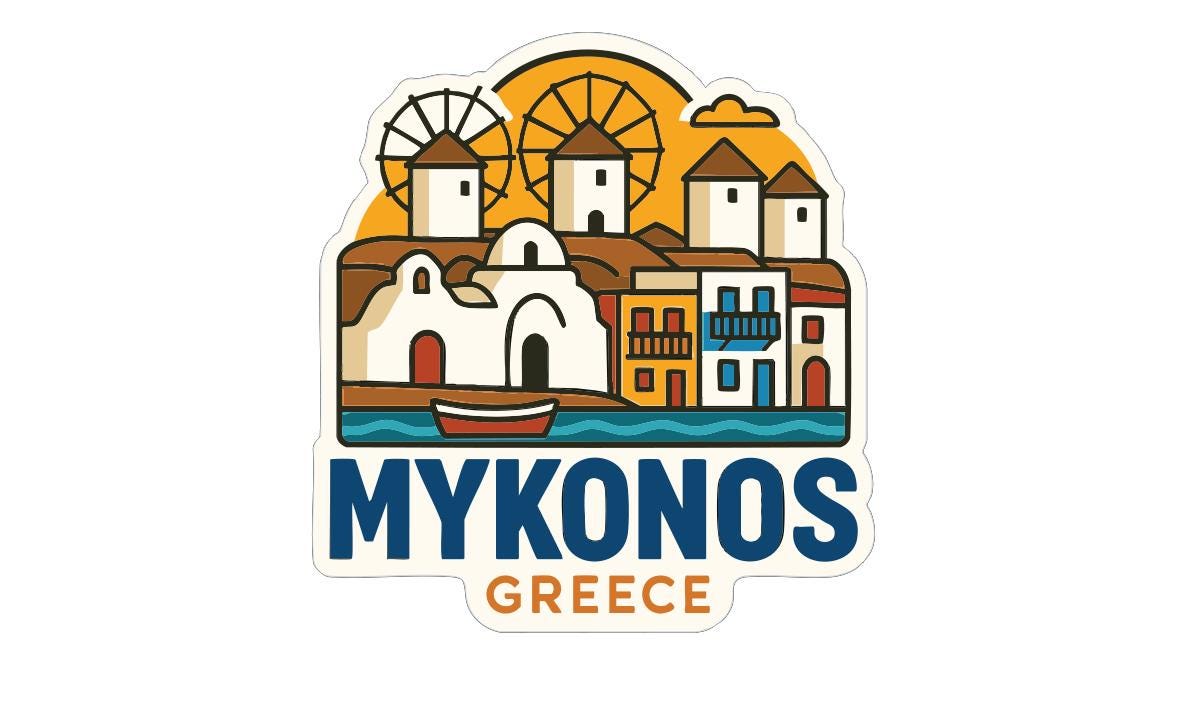 a stylized illustration of the town of Mykonos, Greece, with various landmarks and buildings depicted in a colorful and artistic manner.