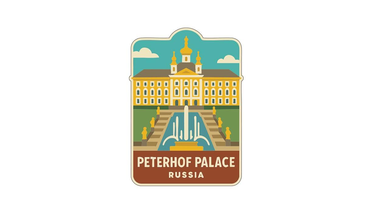 A sticker or emblem featuring the Peterhof Palace in Russia, with a stylized illustration of the palace and a fountain in the foreground.