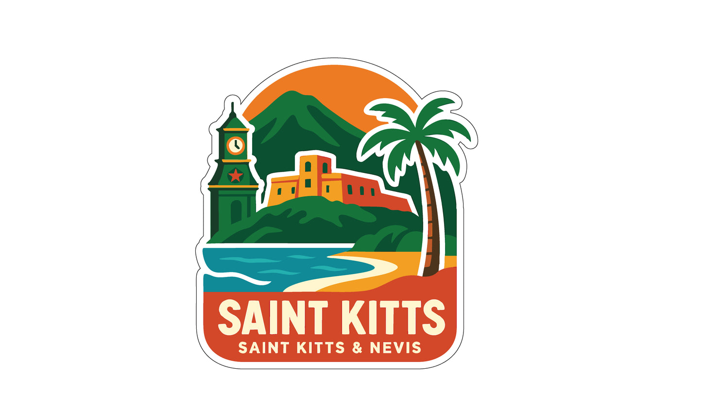 a colorful illustration of a tropical island with a clock tower, palm trees, and a beach.