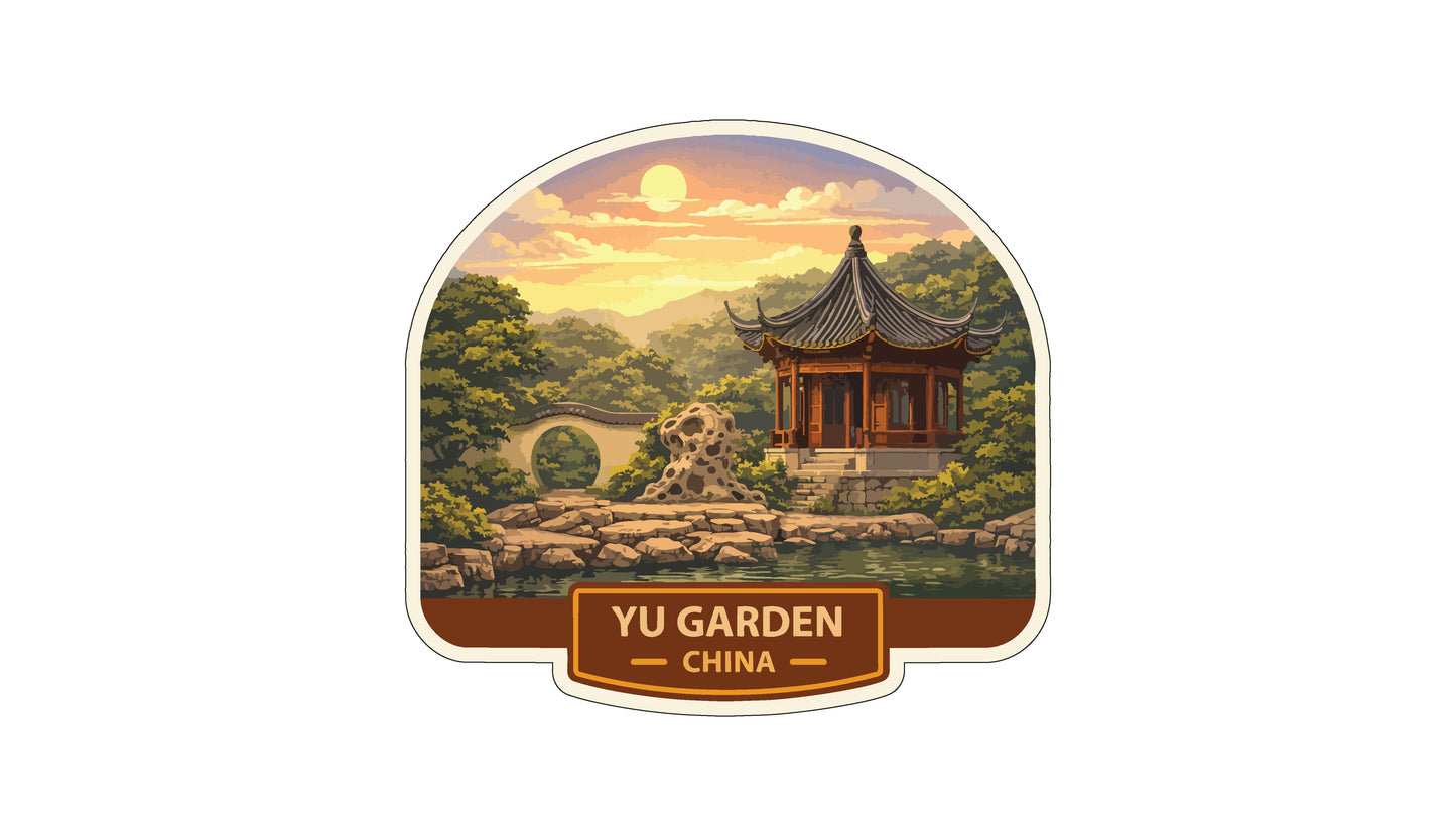 a traditional Chinese pavilion surrounded by a serene garden, with a bridge and a sunset in the background.