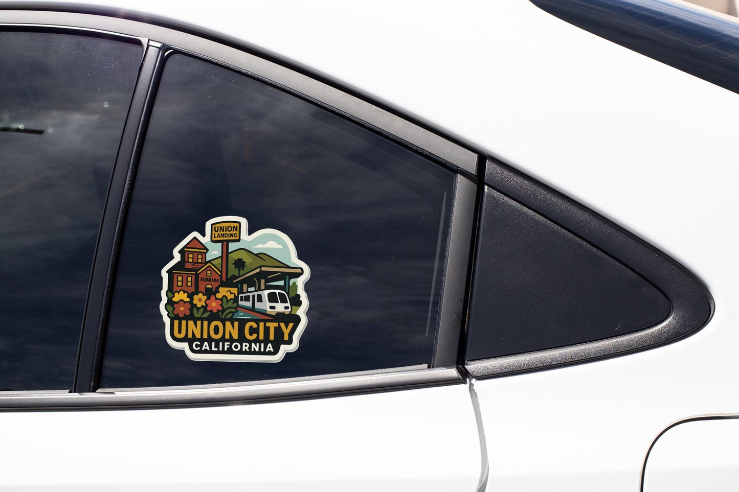 A sticker on the side of a car window, depicting a scenic view of Union City, California.