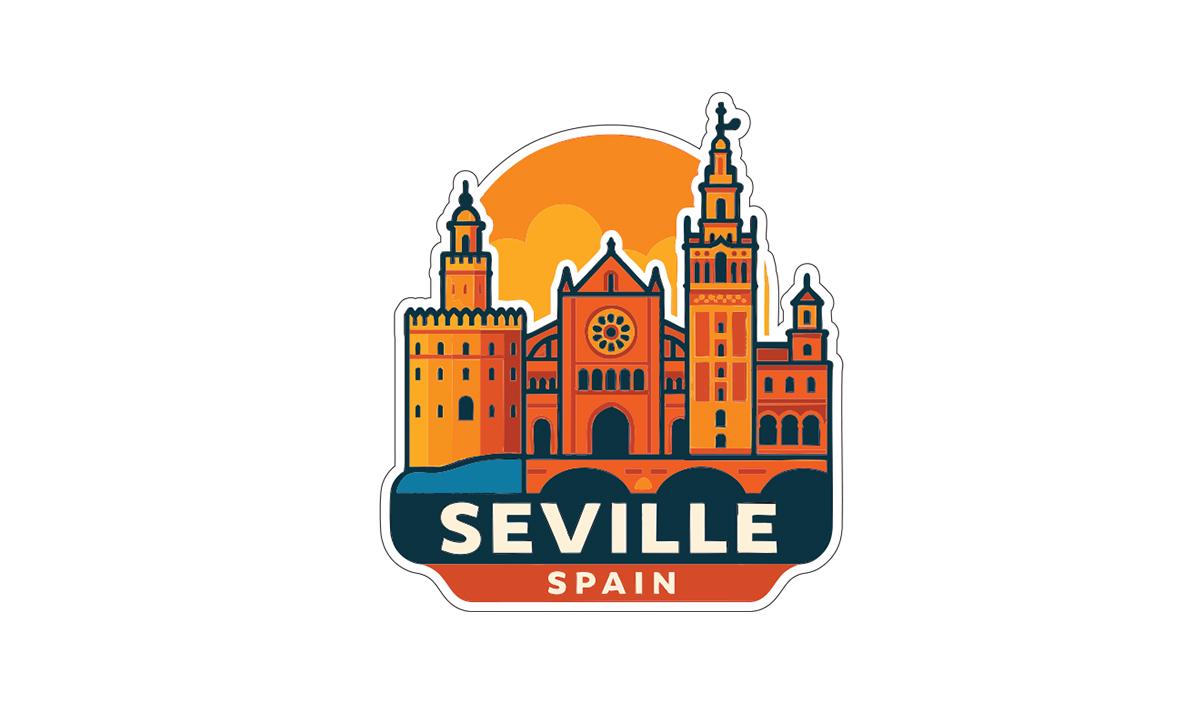 a stylized illustration of the city of Seville, Spain, with various architectural elements such as towers, domes, and arches.