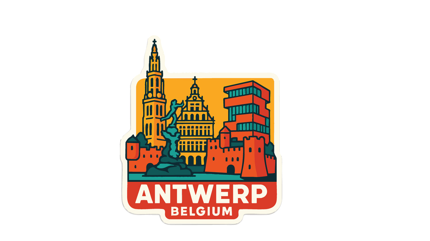 a sticker or emblem depicting the cityscape of Antwerp, Belgium.