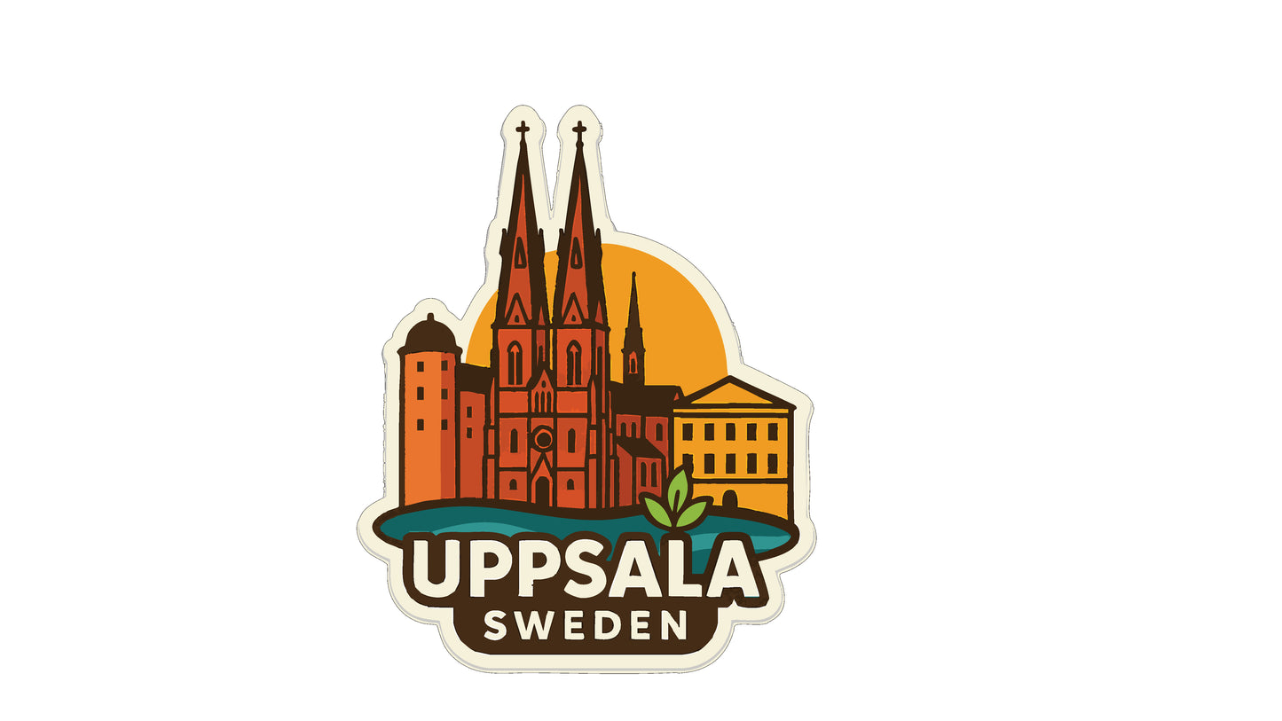 A sticker or logo depicting the Uppsala, Sweden, with a stylized illustration of the city's architecture and landmarks.
