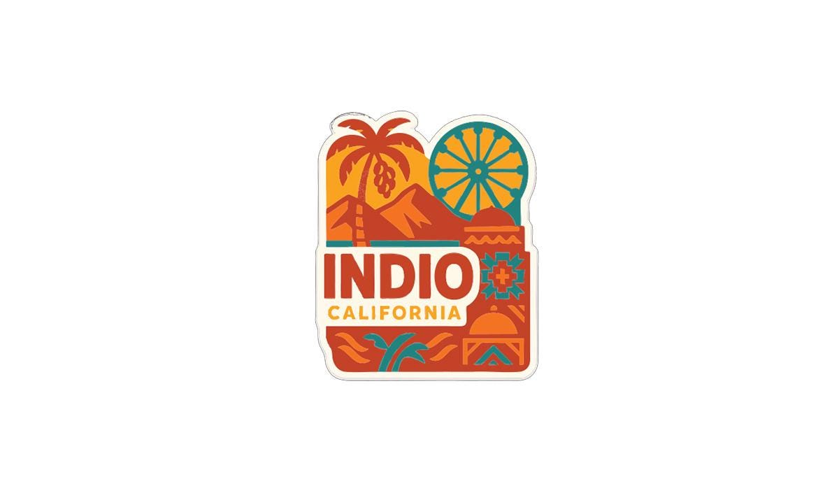 a colorful sticker or emblem with various elements such as palm trees, mountains, and a windmill, along with the text "INDIO CALIFORNIA".