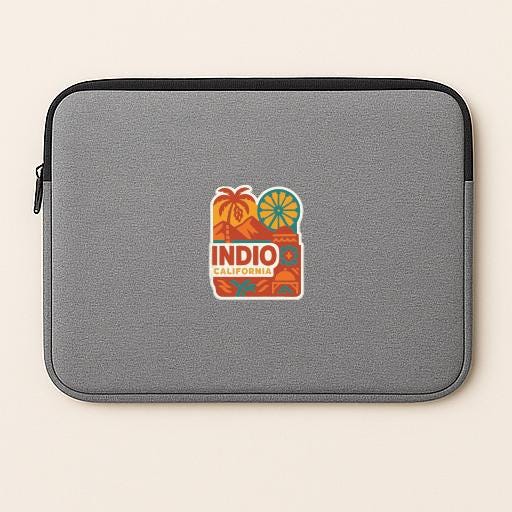 A gray laptop sleeve with a colorful sticker that says "INDIO CALIFORNIA".