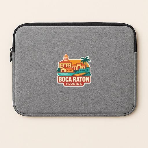 A gray laptop sleeve with a colorful sticker depicting the Boca Raton, Florida landmark.