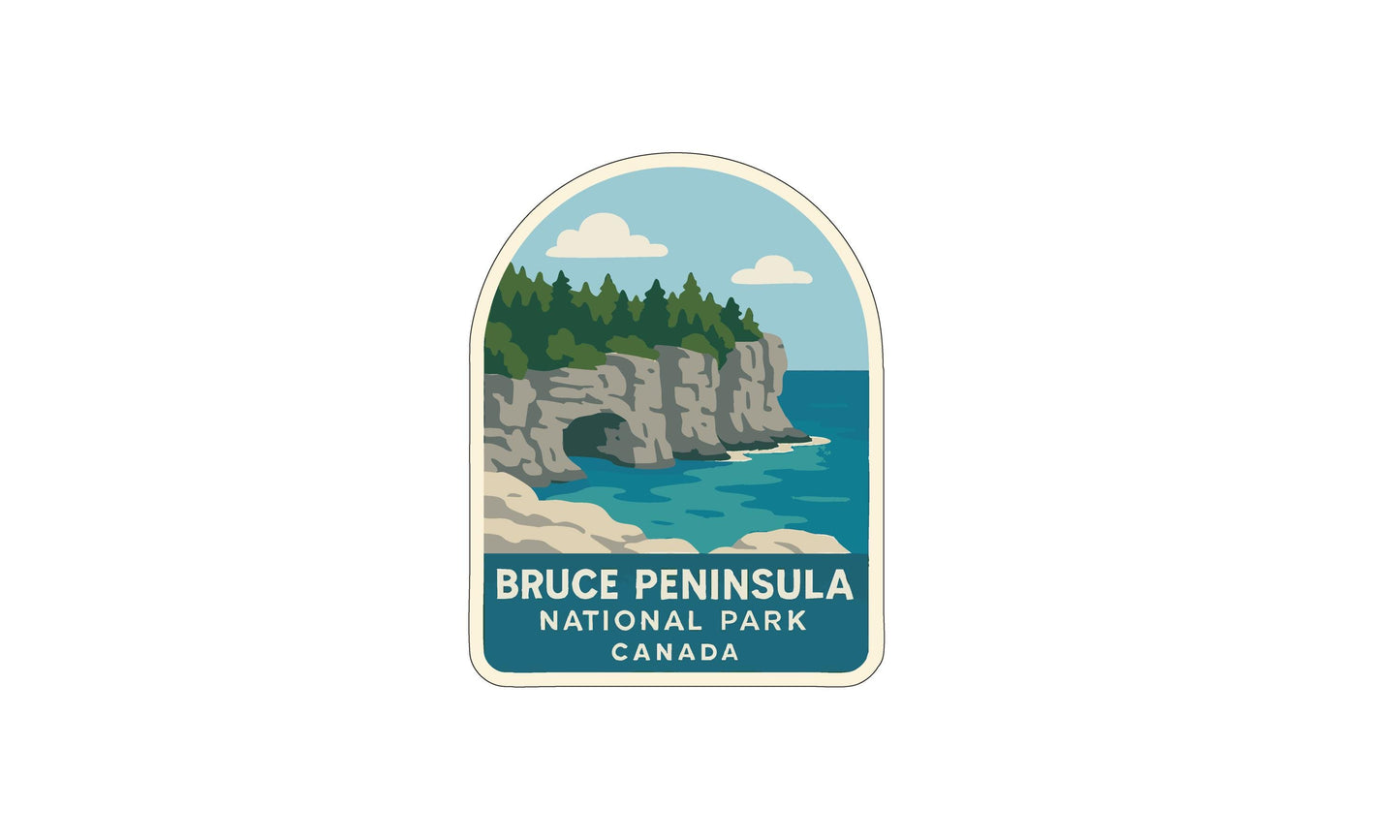 a sticker or emblem for Bruce Peninsula National Park in Canada, depicting a scenic landscape with a rocky cliff overlooking the ocean.