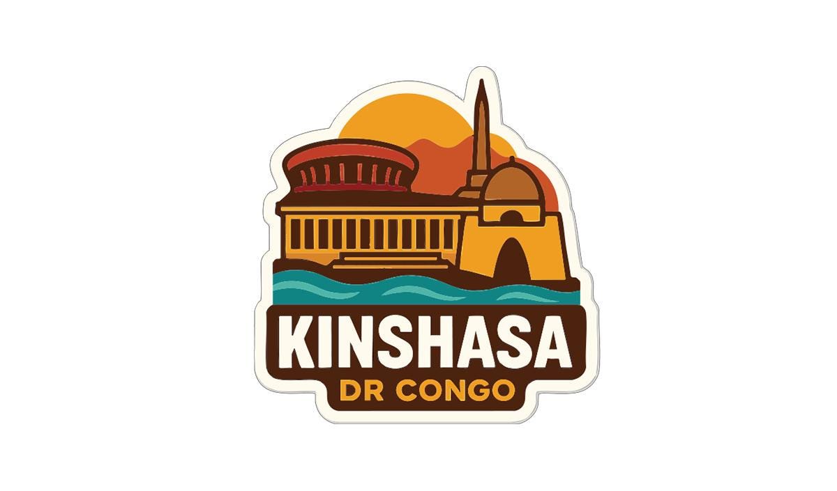 A sticker or logo depicting the city of Kinshasa, DR Congo, with a building and a tower in the background, along with a sunset and a body of water.