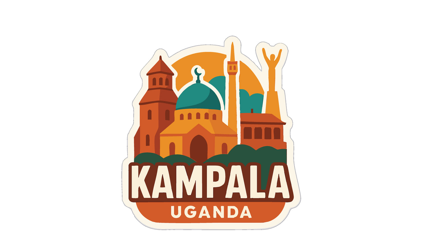 a sticker or emblem with the text "KAMPALA UGANDA" and an illustration of a city skyline with various buildings and landmarks.