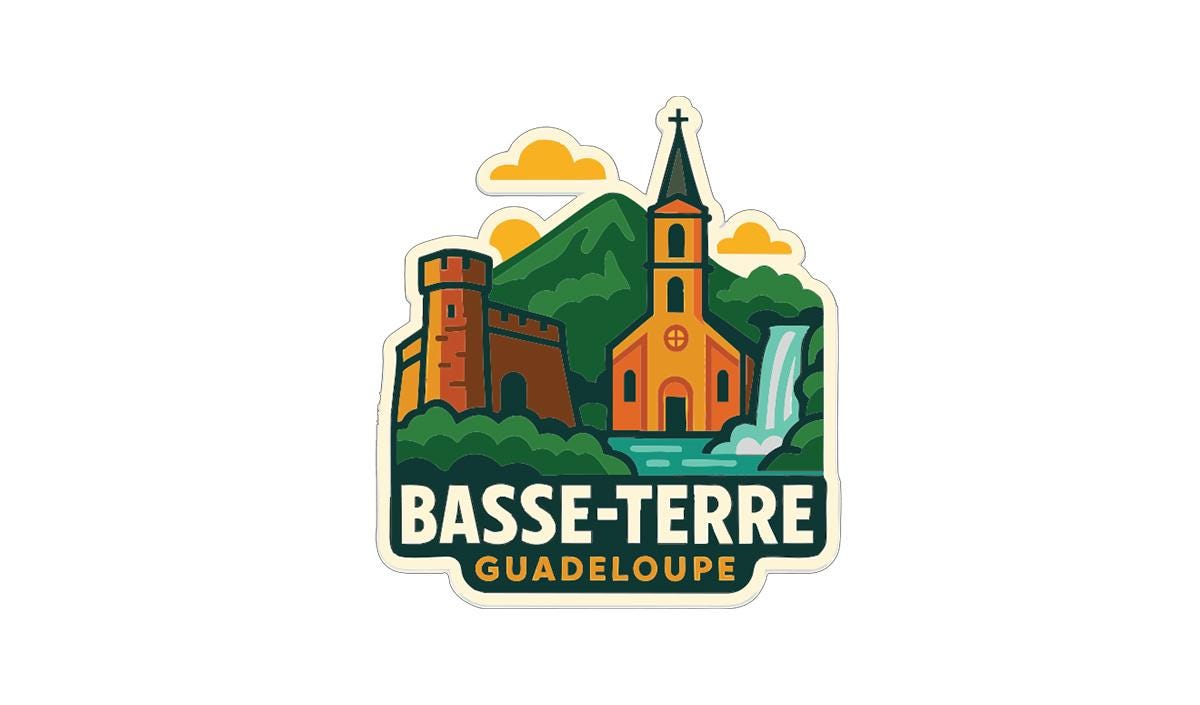 a sticker or logo with a castle, church, and waterfall, along with the text "BASE-TERRE GUADELOUPE".