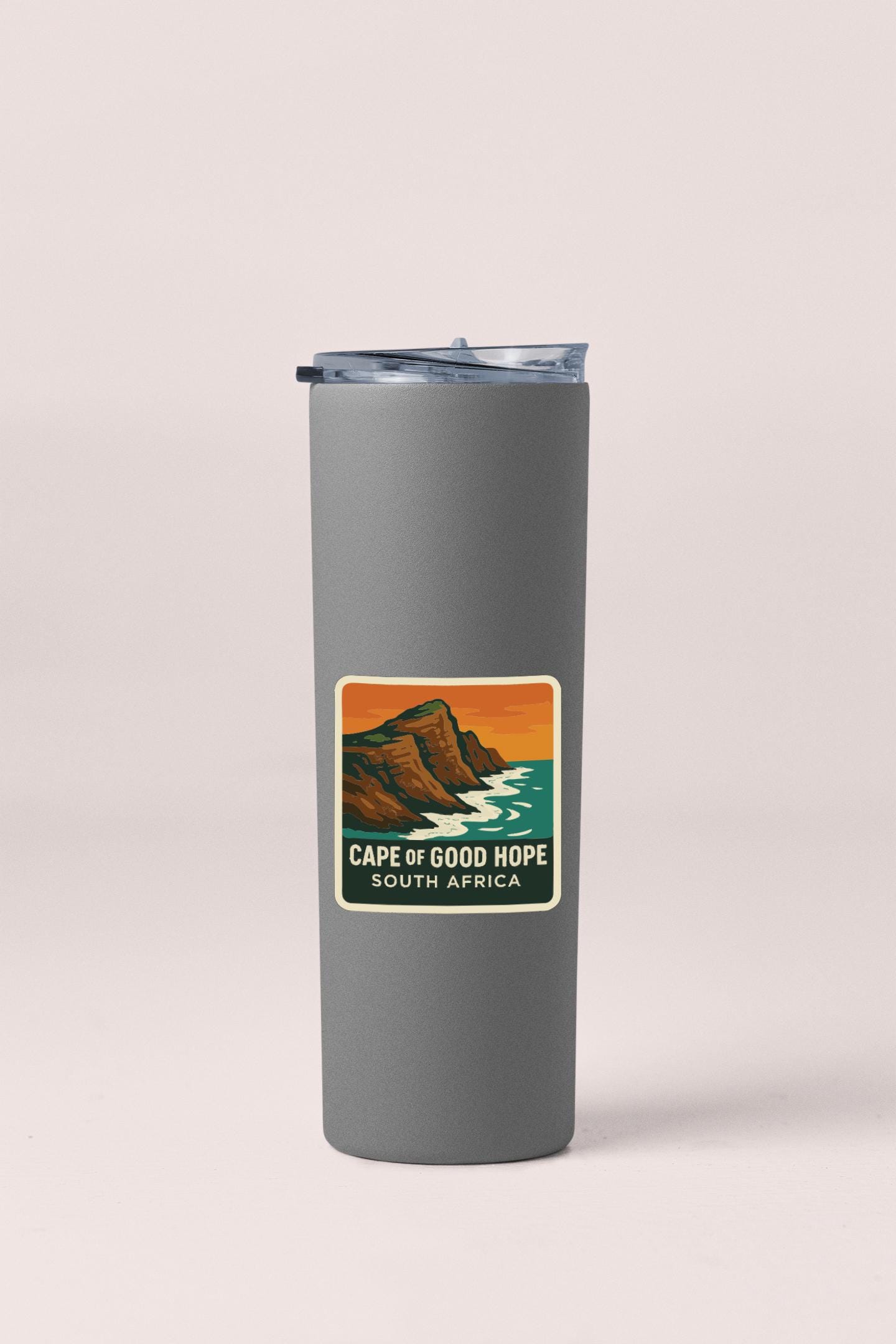 A gray insulated tumbler with a label that says "CAPT OF GOOD HOPE SOUTH AFRICA".
