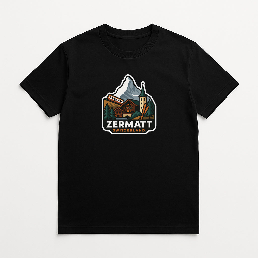 A black t-shirt with a graphic design depicting a mountain landscape with a church and a train.