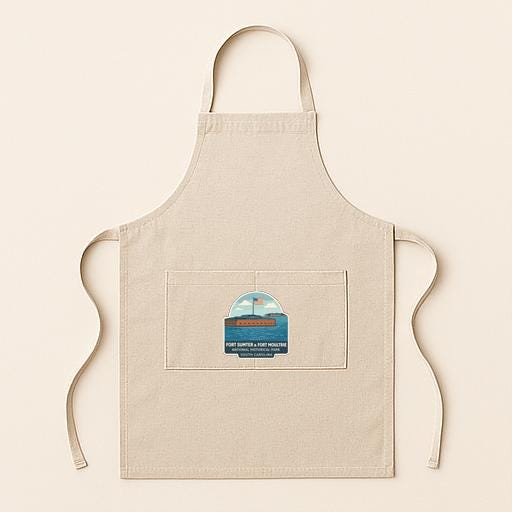 A beige apricot with a small pocket on the front, featuring a graphic of a lighthouse and the text "The image depicts a lighthouse".