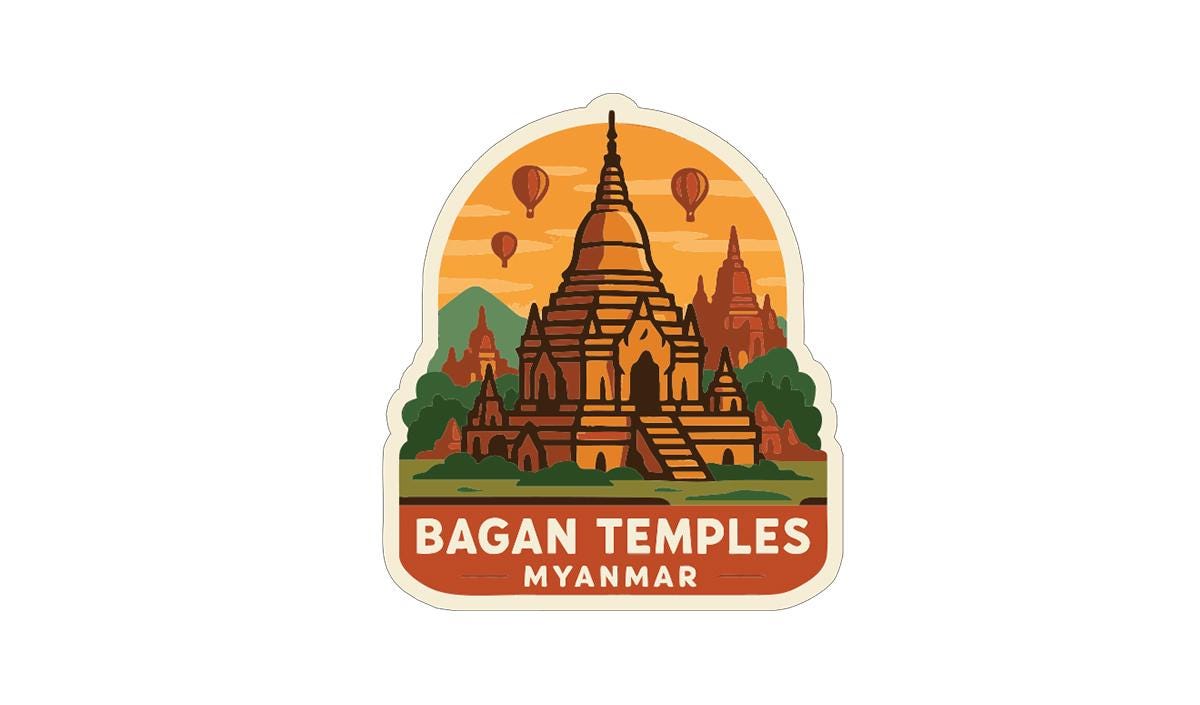 A sticker or illustration depicting the Bagan Temples in Myanmar, with a stylized temple surrounded by hot air balloons and a warm, orange sky.