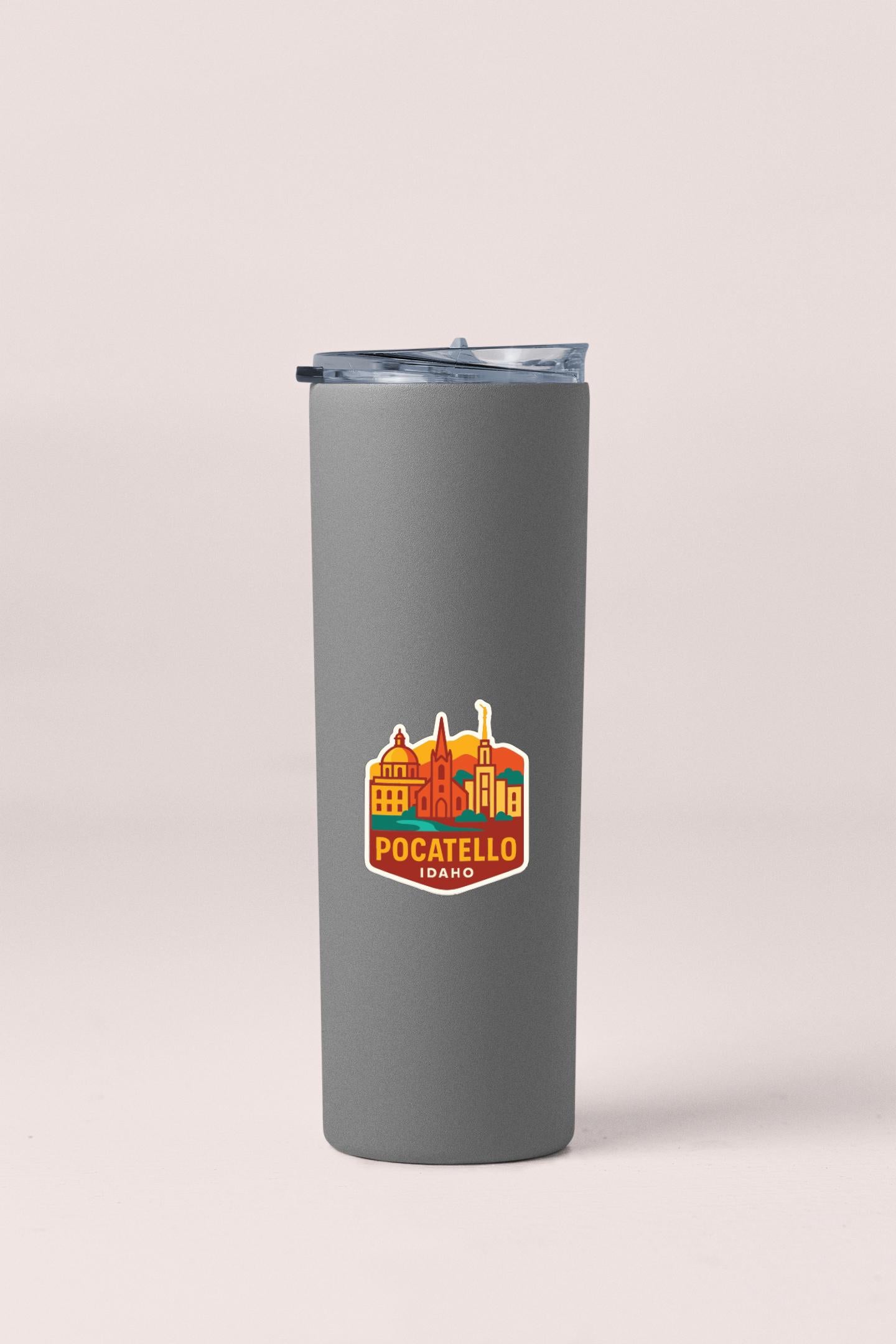 A gray insulated tumbler with a logo on it.