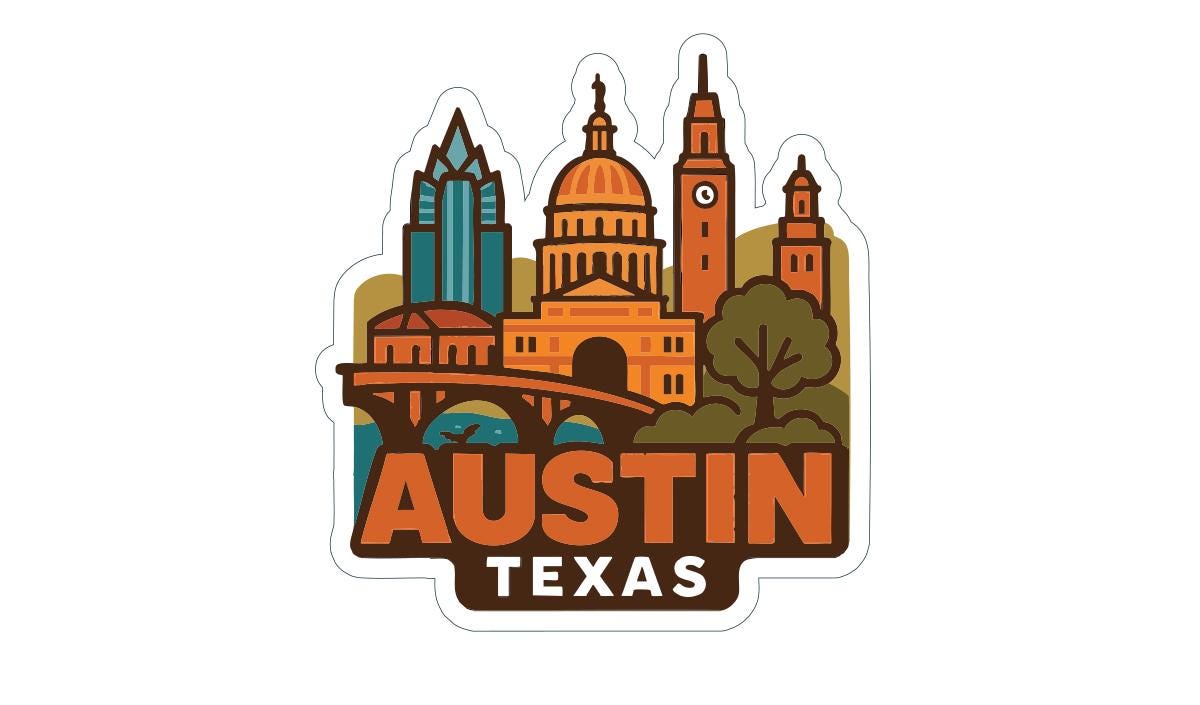a stylized illustration of the city of Austin, Texas, with various landmarks and buildings depicted in a colorful and artistic manner.