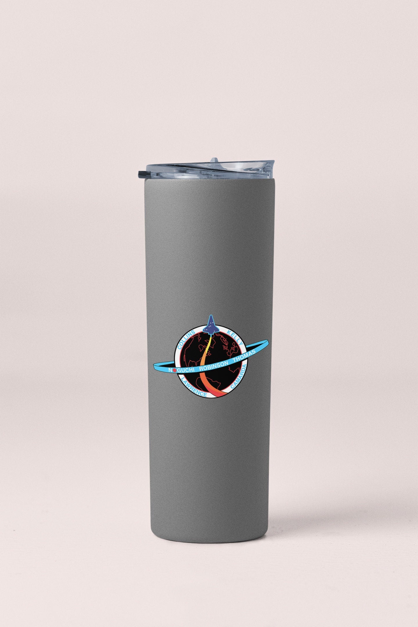 a stainless steel tumbler with a picture of a saturn on it