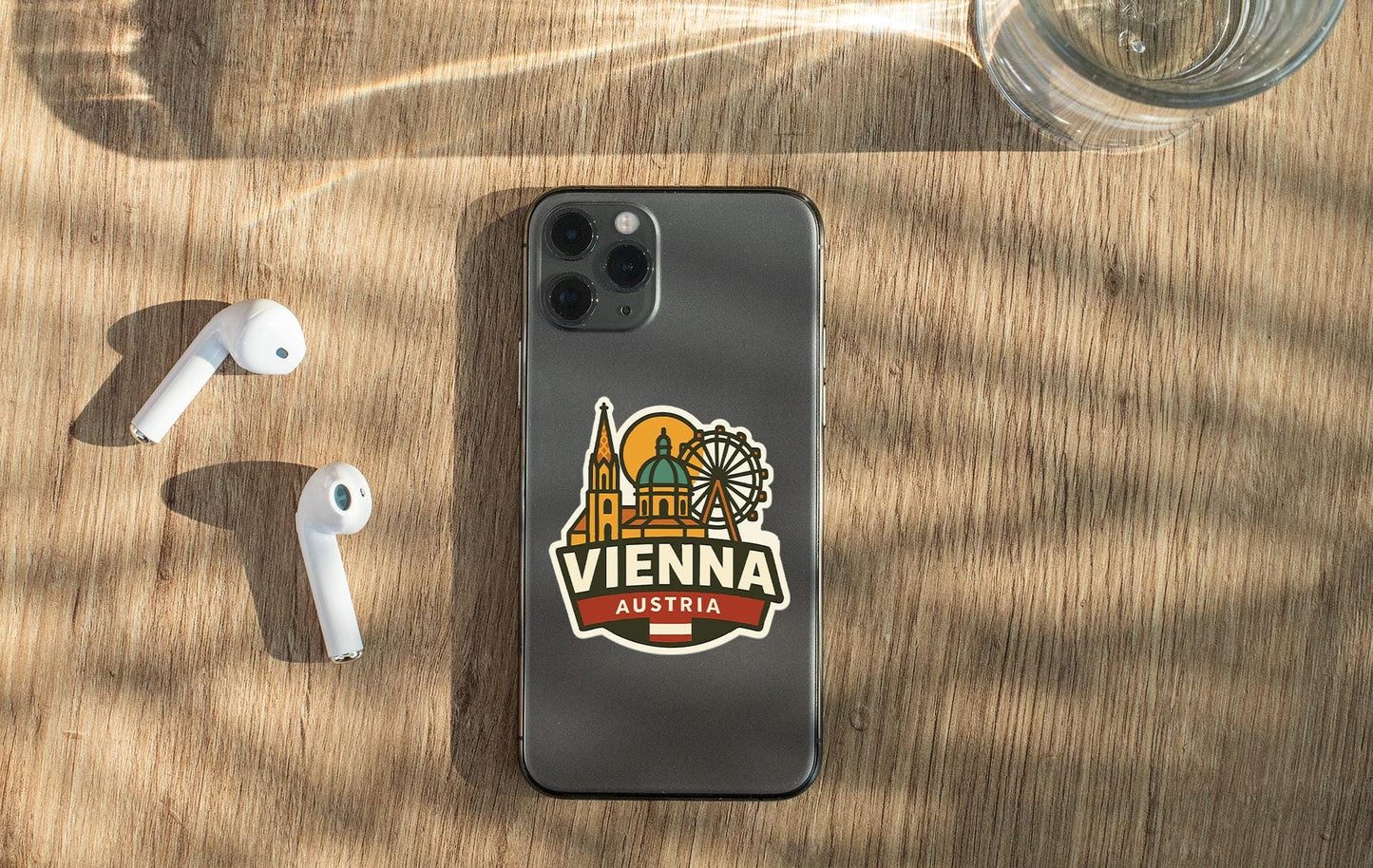 an iphone case sitting on top of a wooden table
