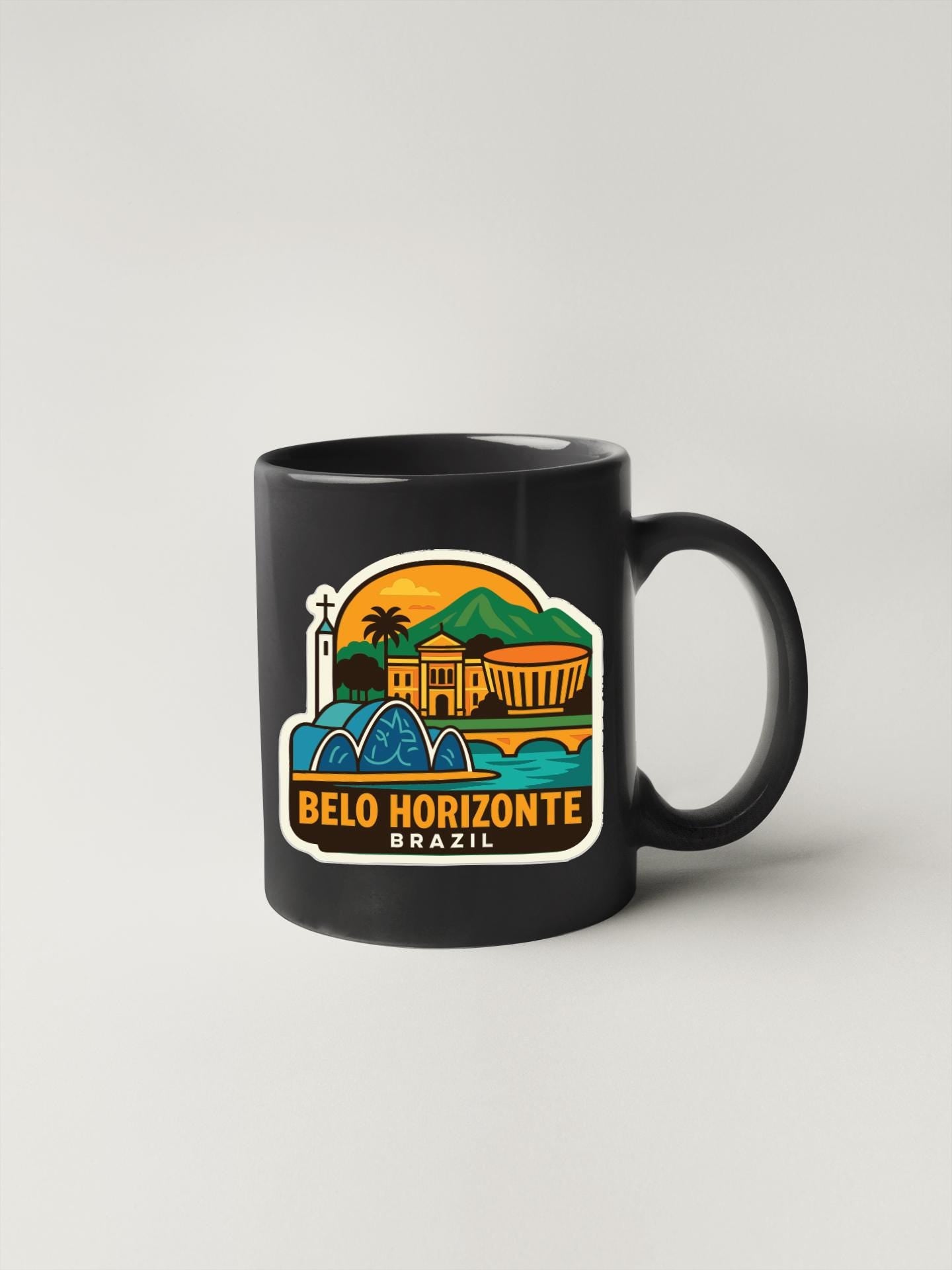 A black coffee mug with a colorful graphic depicting Belo Horizonte, Brazil.